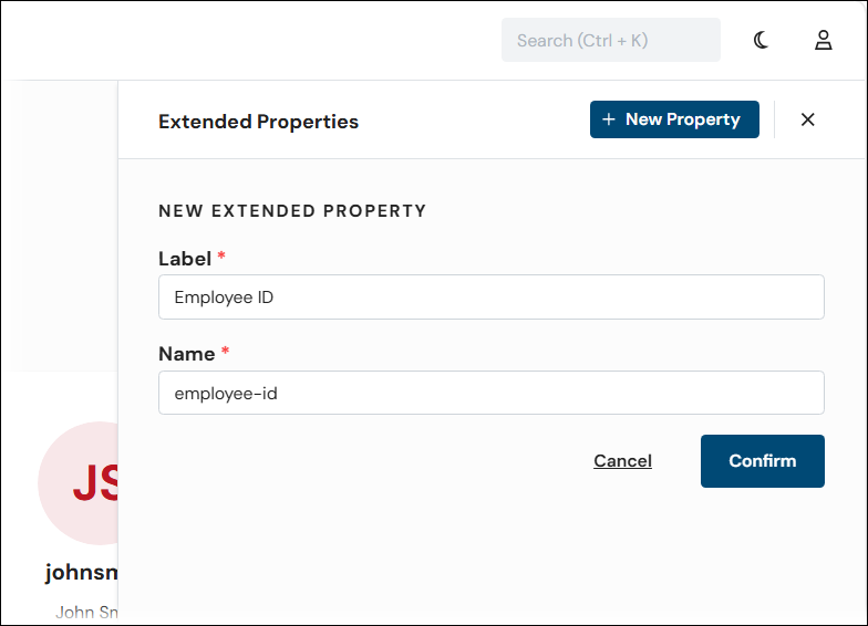 The New Extended Property panel for the All Users page.